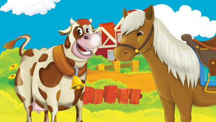 cartoon farm scene with cow illustration