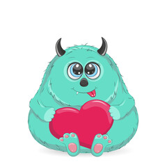 Vector illustration of a cute monster with a heart.Funny Valentine's Day greetings.Cartoon character.