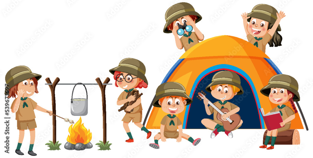 Wall mural children camping outdoor with tent