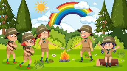 Obraz na płótnie Canvas Children camping out forest scene