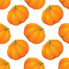 Orange pumpkins. Halloween background. Vegetarian background of juicy pumpkins. Seamless background for fabrics, textiles, packaging and wallpaper. Vector illustration. 