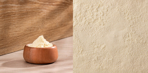 Powdered or dehydrated milk in the bowl