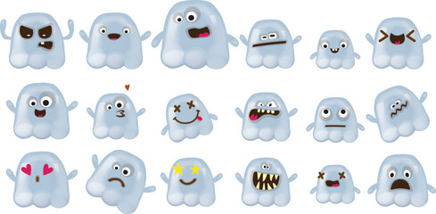 Set of cute funny grey ghosts isolated on white background. Ghost sticker collection with different faces and emotions. Vector Halloween design element and stickers set isolated