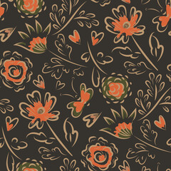 Boho wild meadow flower. butterfly, heart seamless vector pattern background. Scattered flowers,butterflies,hearts earthy color backdrop.Warm orange brown painterly fall botanical floral design.