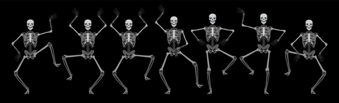 Vector image of dancing skeletons on a black background. Retro Horror and Anatomy concept for Halloween.