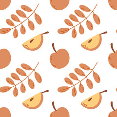 Seamless pattern with apple, leaves. Vector illustration.