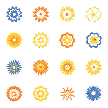 Set of flat icons of multicolored decorative flowers isolated on white. Cute bright flowers for stickers, postcards, banners, business cards