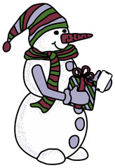 Cartoon christmas doodle of the Snowman holding a gift box and a mobile phone. Cheerful cute vector illustration isolated on transparent background