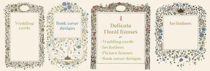 Delicate vintage floral frames. Set of 4. Design elements for use on wedding invites, menus, book covers, invitations and picture frames.