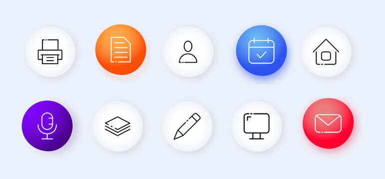 Office tool set icon. Fax, file, operator, calendar, house, microphone, documents, pen, monitor, mail. Office worker concept. Neomorphism style. Vector line icon for Business and Advertising