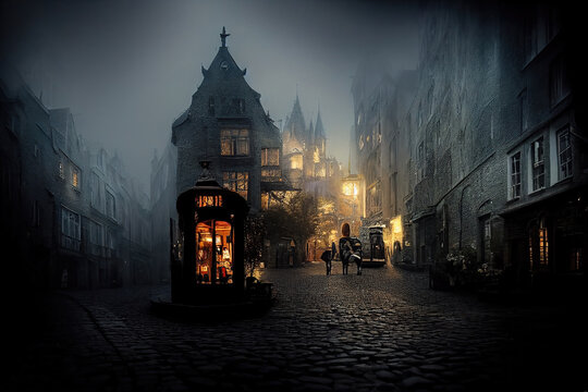 AI generated image of Victorian London on a moody evening with gas-lights, fog and cobble-stone streets 