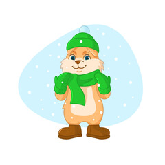 Rabbit in a warm winter hat, scarf, mittens on the background of falling snow