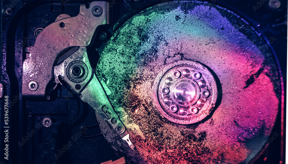 Poster Close up beautiful open detail frozen hard disk. Concept protection information or save user data.
