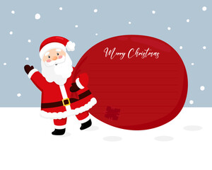 Santa Claus carries a bag of gifts. Merry Christmas and Happy Holidays greeting card, banner. Bag of gifts with space for text. Winter holiday.