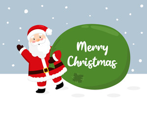 Santa Claus carries a bag of gifts. Merry Christmas and Happy Holidays greeting card, banner. Winter holiday.