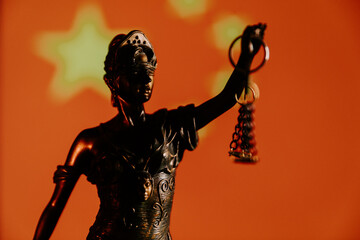 Law and Justice concept. Lady Justice in front of the flag of China in the background.