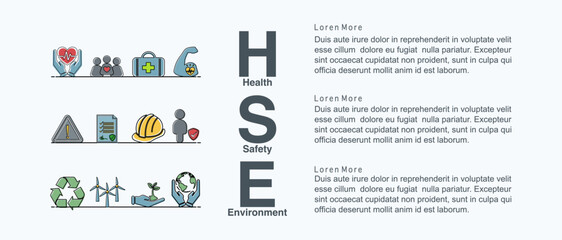 Banner Safety, Health, Environment . or HSE Concept . Is the responsibility or agency concerning occupational health, safety and environment within the factory. (illustration, vector).