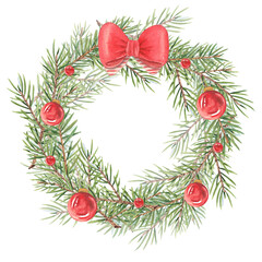 Fototapeta na wymiar Watercolor wreath with Christmas tree branches on a white background. With Christmas tree toys and a bow. Red Christmas ball. Vintage frame made of twigs. Suitable for Christmas cards, print, design.