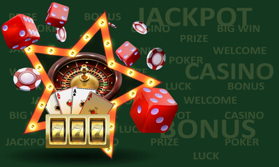 Web banner for casino. Casino Illustration with slot machine, casino Roulette, poker chips and playing cards.Game design, flyer, poster, banner, advertisement.