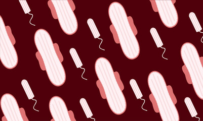 Women hygiene supplies for menstruation pads, tampons. Vector illustration seamless pattern doodle icons in thin line art sketch style