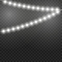 Christmas lights isolated realistic design elements. Glowing lights for Christmas holiday cards, banners, posters, web designs. Garland decorations. LED neon lights