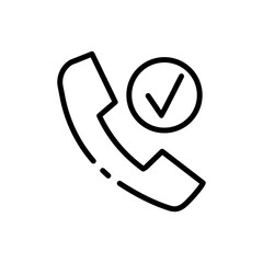 Handset with tick line icon. Landline phone, Incoming, missed call, dialogue, contact us, successfully, communication, connection. Vector black line icon on a white background