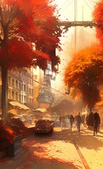 Drawing of the streets of the city in the fall. Autumn mood. 