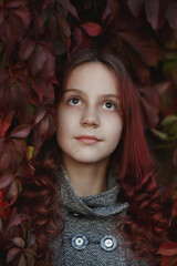 Young beautiful dreamy elegant girl with long red curvy hair  in red ivy leaves in autumn park, looking up, face close up - seasonal  outdoor colorful portrait, vertical orientation