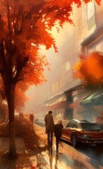 Drawing of the streets of the city in the fall. Autumn mood. 