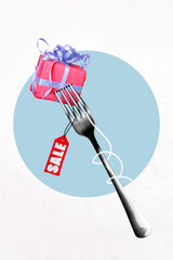 Vertical creative photo collage illustration of pink present box on fork with sale label price tag...