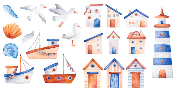 A big watercolor set of lighthouse, seagull, buildings, shell, fish boat, great design for any purpose. Mirina object.