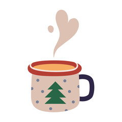 Warming drink, Christmas holiday coffee mug, cartoon style. Cozy mood for winter. Trendy modern vector illustration isolated on white background, hand drawn, flat design.