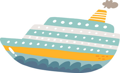 Ferry. Cute doodle drawn illustration in cartoon style for kids. Side view