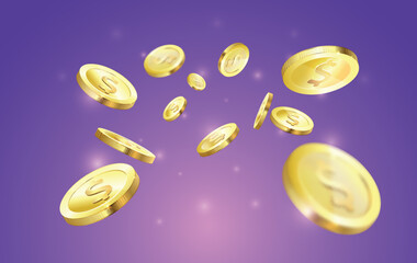 Gold coin splash background. Vector 3d realistic gold dollar coins explosion illustration for game, casino, winner or jackot advertising template concept.