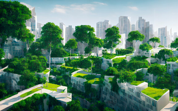 Futuristic city concept of ESG green buildings and offices filled with greenery, skyscrapers, parks and other green spaces to reduce heat and carbon dioxide. modern. digital art.