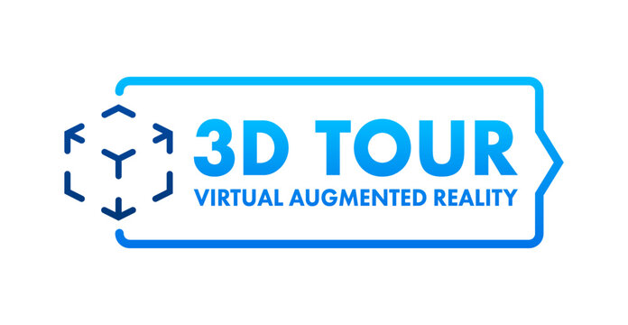 3d Virtual tour. Virtual reality journey. Panoramic view sign. Vector stock illustration.