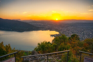 Sunset over the lake Annecy, Ponorama view, scenic, hdr