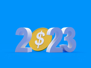 Dollar coin with New Year number 2023 on blue. 3D illustration