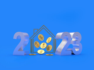 Silver number 2023 with house icon and coins on a blue background. 3D illustration