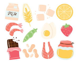 Food Allergens. Allergen Products Collection. Vector illustration. Allergy. Drawn style. Allergen fish, egg, honey, gluten, milk.