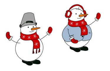 Set of Snowman with hat and scarf isolated on white background. Hand drawing illustration
