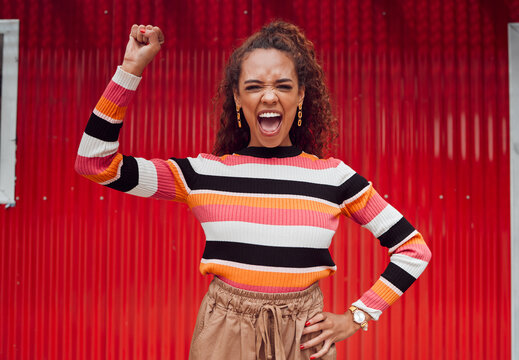 Black Woman, Protest And Fist For Equality, Racism And Power Portrait For Power And Freedom Revolution With Justice, Motivation And Support Fight On Red. Hand Gesture Of Female Strong For Empowerment