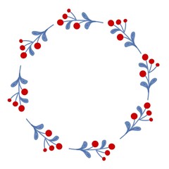 Winter wreath with blue branches and berries. Doodle style.