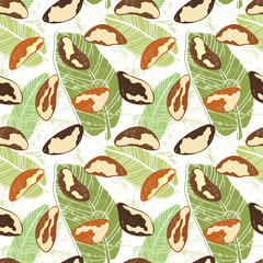 Vector seamless pattern with brazilian nuts. Vegan food illustration.
