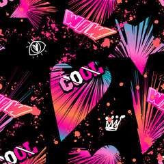 Colorful hearts on black background with text Cool, wow and spray paint ink elements. Abstract seamless teenager pattern. Endless romantic print for fashion textile. Valentines day ornament.