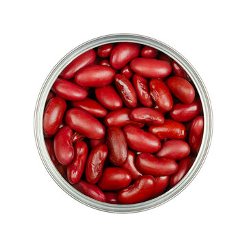 Red kidney beans, in an opened can. Cooked and canned common kidney beans, a variety of the common bean, Phaseolus vulgaris, a vegetarian staple food. Isolated, from above, close-up, macro food photo