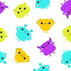 Seamless pattern. Monster icon set. Happy Halloween. Cute cartoon kawaii funny baby character. Colorful silhouette. Sticker print. Eyes, horn, fang teeth tongue. Flat design. White background.