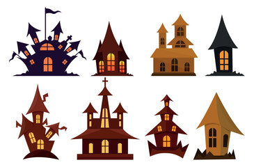 Set Of The Ghostly And Horrible House Illustrations Clip Art Design, Halloween Home. Spooky With Big House on White Background. Premium Terrible Home Vector.