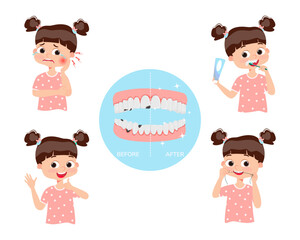 Dental hygiene.Dental children.Child with sick and healthy teeth. The girl brushes her teeth. Use of dental floss and toothbrush. Toothache. Healthy teeth. Vector illustration.