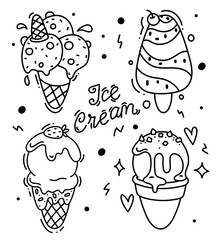 Hand drawn set of doodle with different ice cream types: waffle cone, cup ice cream, popsicle, sundae. Sketch style vector illustration for cafe menu, card, birthday card decoration.